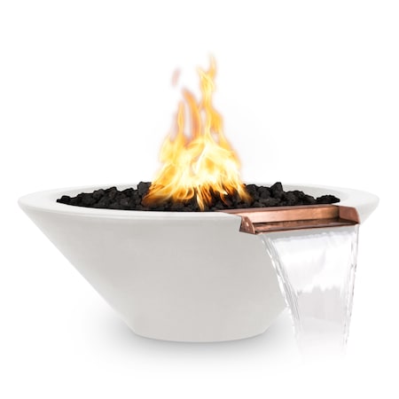 The Outdoor Plus 31 Round Cazo Fire & Water Bowl, GFRC Concrete, White, Low Voltage Electronic Ignition, Liquid Propane OPT-31RFWE12V-LIM-LP
